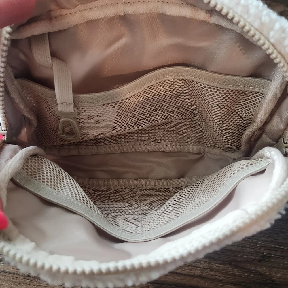 Lole Cream Sherpa Crossbody Belt Bag with Embossed Strap